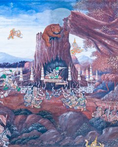 Wandgemälde mit Szenen aus dem Ramayana im Wat Phra Kaeo, dem Königspalast, Bangkok, Thailand