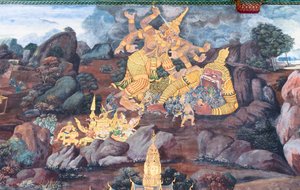 Wandgemälde mit Szenen aus dem Ramayana im Wat Phra Kaeo, dem Königlichen Großen Palast, Bangkok, Thailand