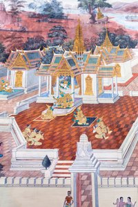 Wandmalerei, die Szenen aus dem Ramayana im Wat Phra Kaeo, dem Königlichen Großen Palast, Bangkok, Thailand, darstellt