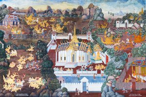 Wandgemälde mit Szenen aus dem Ramayana im Wat Phra Kaeo, Königspalast, Bangkok, Thailand