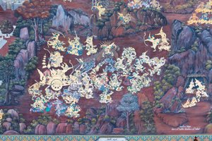 Wandgemälde mit Szenen aus dem Ramayana im Wat Phra Kaeo, dem Königlichen Großen Palast, Bangkok, Thailand