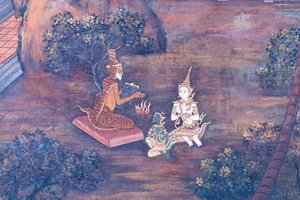 Wandgemälde mit Szenen aus dem Ramayana im Wat Phra Kaeo, dem Königlichen Großen Palast, Bangkok, Thailand