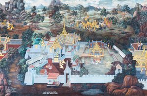 Wandgemälde mit Szenen aus dem Ramayana im Wat Phra Kaeo, dem Königspalast, Bangkok, Thailand