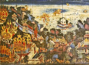 Rückwand eines Schranks, der eine Szene aus dem Ramakien darstellt