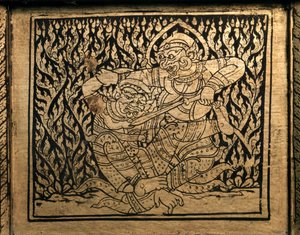 THAI KUNST: Eine Episode im „Ramayana“. Buchschrank, Bangkok Stil von Thai School