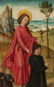 Ein Stifter und seine zwei Söhne mit dem heiligen Johannes dem Evangelisten, innerer linker Flügel eines Triptychons