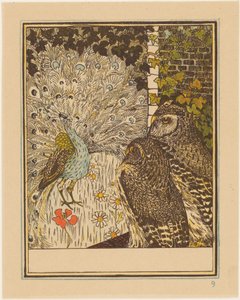 Prunkender Pfau und zwei Eulen von Theo van Hoytema
