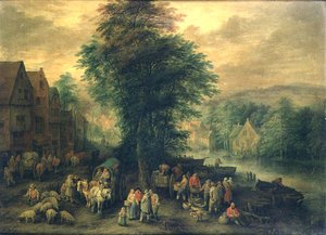 Bewaldete Landschaft mit Bauern, Wagen und Vieh