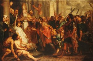 Der heilige Ambrosius, Bischof von Mailand, verweigert Kaiser Theodosius den Eintritt in den Mailänder Dom