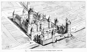 Vogelperspektive des Louvre während der Herrschaft von Philippe II Auguste (1180-1223)