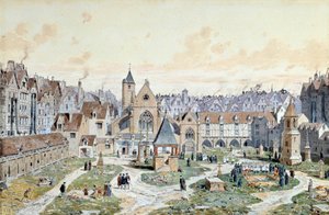 Ansicht des Friedhofs der Unschuldigen in Paris im Jahr 1550 von Theodor Josef Hubert Hoffbauer