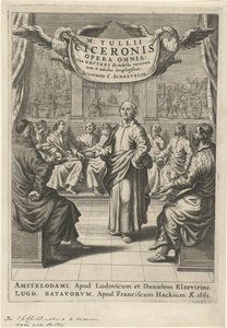 Cicero und diskutierende Figuren (Titelblatt für: Cicero, opera omnia, 1661)