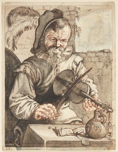 Ein Geigenspieler, Halbfigur en face, sitzend vor einem Tisch mit Noten, einem Krug und einem Glas