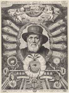 Porträt von Dirck Volckertsz. Coornhert in allegorischem Rahmen von Theodor Matham