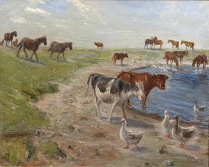 Kälber und Gänse an einer Tränke auf der Insel Saltholm von Theodor Philipsen