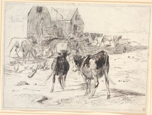 Heuernte auf Saltholm. Kälber sammeln sich um Wagen bei der Scheune von Theodor Philipsen