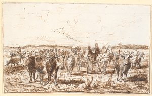Vieh und Milchwagen auf einer Wiese