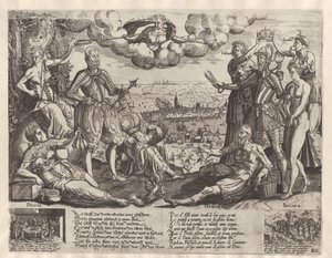Vergleich zwischen Oranien und Alva, mit im Hintergrund die Spanische Furie, ca. 1577 von Theodor de Bry (attributed to)
