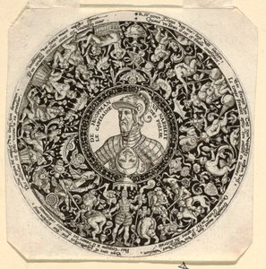 Entwurf für eine gravierte Tazza mit einem Porträt des Herzogs von Alba als Kommandant der Torheit von Theodor de Bry