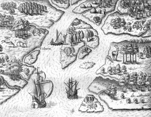 Jean Ribault errichtet eine Säule mit den Wappen des Königs von Frankreich in Charlesfort