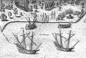 Die Franzosen landen an der Küste Floridas von Theodor de Bry