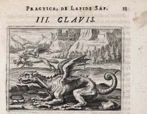 Ein Drache, im Hintergrund ein Huhn stehlender Wolf, angegriffen von einem Hahn von Theodor de Bry
