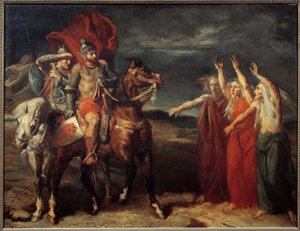 Macbeth und die drei Hexen, Illustration von Szene 3 des ersten Aktes von William Shakespeares Stück „Macbeth“