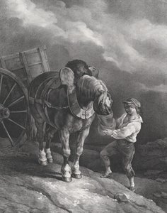 Junge füttert ein Kutschpferd aus einem Nasensack, 1822