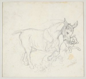 Esel mit Hund im Maul (recto); Studie von Hirschen, die von Hunden gejagt werden, Kopf einer Hirschkuh (verso) von Theodore Gericault