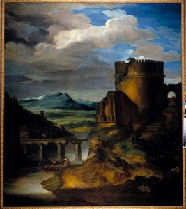 Große Landschaft Italiens, Landschaft mit Ruinen, Turm und Brücke, von Théodore Géricault (1791-1824), 19. Jahrhundert