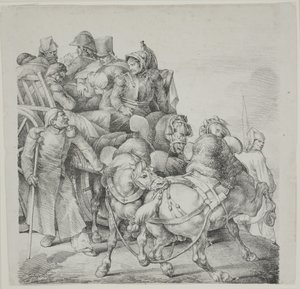 Pferdewagen voller verwundeter Soldaten, Lithographie von C. Motte