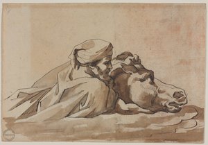 Mann, der ein Pferd im Wasser umklammert, nach Poussins Sintflut von Theodore Gericault