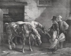 Zwei Postpferde an der Tür eines Stalls (1822)