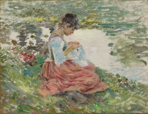 Mädchen näht am Fluss, ca. 1891 von Theodore Robinson