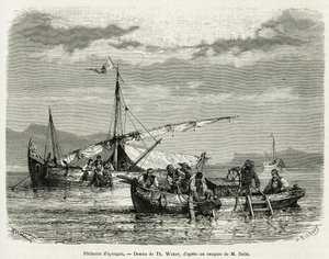 Schwammfischer im Golf von Nafplio, Zeichnung von Th. Weber, um die Geschichte einer Reise nach Griechenland in 1861, 1868 und 1874 von Henri Belle zu illustrieren. Gravur in Le tour du monde