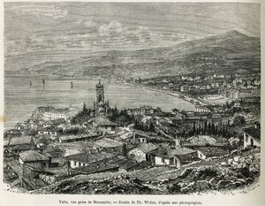 Die Stadt Jalta, von Massandra aus gesehen, Zeichnung von Th. Weber, um die Geschichte Vier Monate in Russland, im Jahr 1876, von F. De Mely zu illustrieren. Gravur in Le tour du monde.