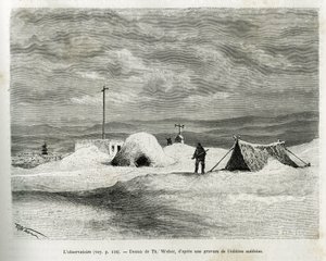Das meteorologische Observatorium wurde in der Bucht von Koljutschin (Polarkreis) installiert, während das Schiff La Vega im Eis gefangen war und die Besatzung sich auf das Überwintern vorbereitete. Gravur von Th. Weber, um die Geschichte "Reise der Vega u