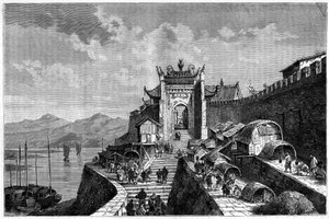 Ansicht des Shanghai-Tors am Huangpu-Fluss, China in den Jahren 1870-1880. Gravur nach einer Zeichnung von Weber, veröffentlicht in „Le Tour du Monde, Nouveau journal des Voyages“, herausgegeben von Edouard Charton, Paris