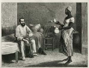 Porträt des Autors und Reisenden, beim Erwachen, serviert von einer jungen Haitianerin, Gravur von T. Wust, zur Illustration der Geschichte „La république d