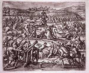 Ein Dominikanermönch, der sich vom Inka-König Atahualpa (Atabaliba) verspottet fühlt, ermutigt Francisco Pizarro zur Rache von Theodore de Bry