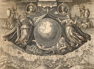 Allegorie der Westindischen Inseln oder Amerikas, mit Porträts der Seefahrer Christoph Kolumbus und Amerigo Vespucci von Theodore de Bry