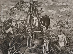 Allegorie der Reise von Christoph Kolumbus zur Entdeckung der Neuen Welt, Gravur von Theodor de Bry von Theodore de Bry