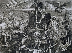 Allegorie der Reisen von Ferdinand Magellan (1480-1521), Stich von Theodor de Bry (1528-1598) von Theodore de Bry