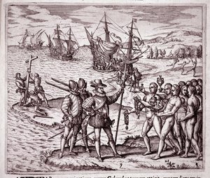 Ankunft von Christoph Kolumbus auf der Insel Hispaniola in den Westindischen Inseln (Gravur) von Theodore de Bry