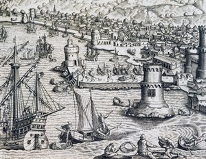 Ankunft von Girolamo Benzoni im Hafen von La Palma, Gravur aus Historia Americae, von Theodor de Bry, Frankfurt von Theodore de Bry