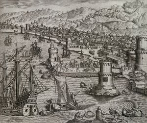 Ankunft von Girolamo Benzoni im Hafen von Las Palmas während seiner Reise nach Amerika (1541), Kanarische Inseln, Gravur von Theodor de Bry (1528-1598) von Theodore de Bry