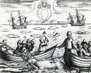 Aurora borealis und Eisbärenjagd während der dritten Expedition unter der Leitung von William Barents (ca. 1550-1597) auf der Suche nach der Nordostpassage im Jahr 1596, von Theodor de Bry (1528-1598), Stich von Theodore de Bry