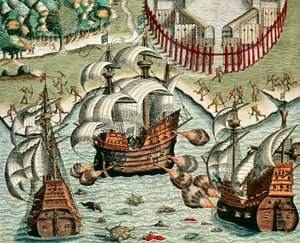Schlacht zwischen den Franzosen und Portugiesen vor Buttugar von Theodore de Bry