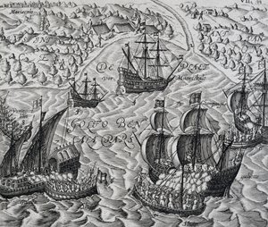 Schlacht vor der Stadt Matical in der Bucht von Bengalen, Stich aus Indiae Orientalis, von Theodor de Bry (1528-1598)