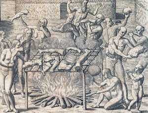 Kannibalismus von Stämmen im Inneren Brasiliens, Gravur aus der Amerikanischen Geschichte von Theodor de Bry